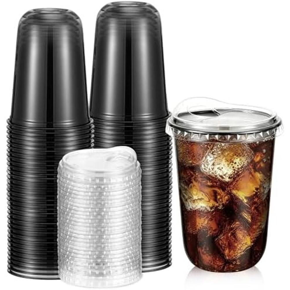 Baderke 50 Pack 16 oz Plastic Cups w Sip Lids Black Disposable Iced Coffee - Picture 2 of 8
